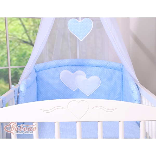 Set Biancheria Notte 7 parti Para Neonato Blu Pois Bianchi Cuori