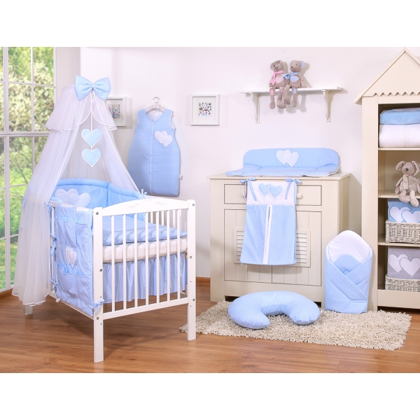 Set Biancheria Notte 7 parti Para Neonato Blu Pois Bianchi Cuori