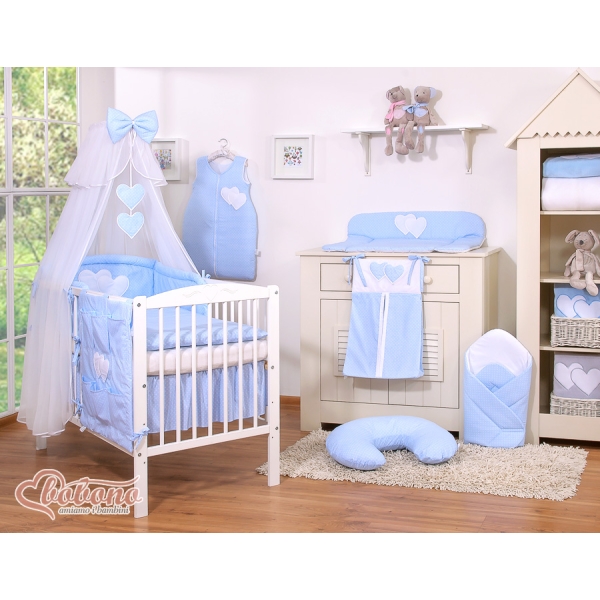 Set Biancheria Notte 7 parti Para Neonato Blu Pois Bianchi Cuori