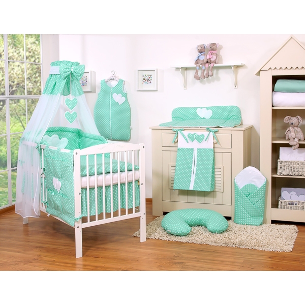 Set Biancheria Notte 7 parti Para Neonato Menta Pois Bianchi Cuori