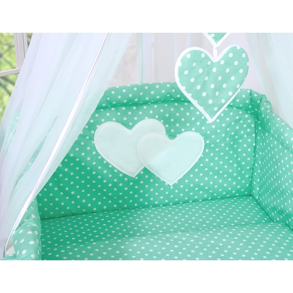 Set Biancheria Notte 7 parti Para Neonato Menta Pois Bianchi Cuori