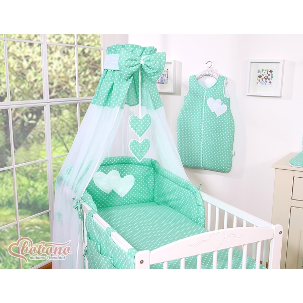 Set Biancheria Notte 7 parti Para Neonato Menta Pois Bianchi Cuori
