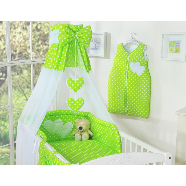 Set Biancheria Notte 7 parti Para Neonato Verde Pois Bianchi Cuori