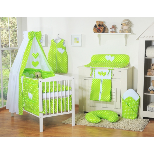 Set Biancheria Notte 7 parti Para Neonato Verde Pois Bianchi Cuori