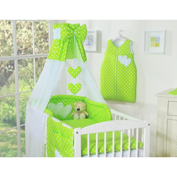 Set Biancheria Notte 7 parti Para Neonato Verde Pois Bianchi Cuori