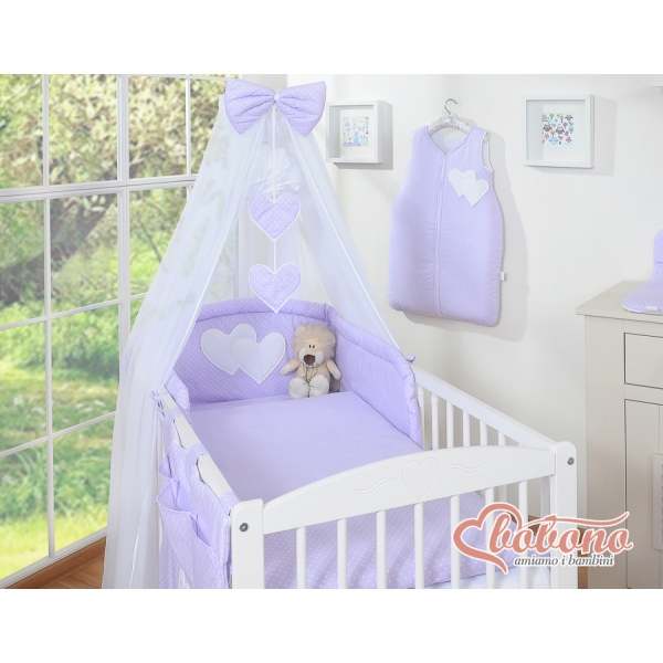 Set Biancheria Notte Para Neonato 11 parti Lilla Pois Bianchi Cuori