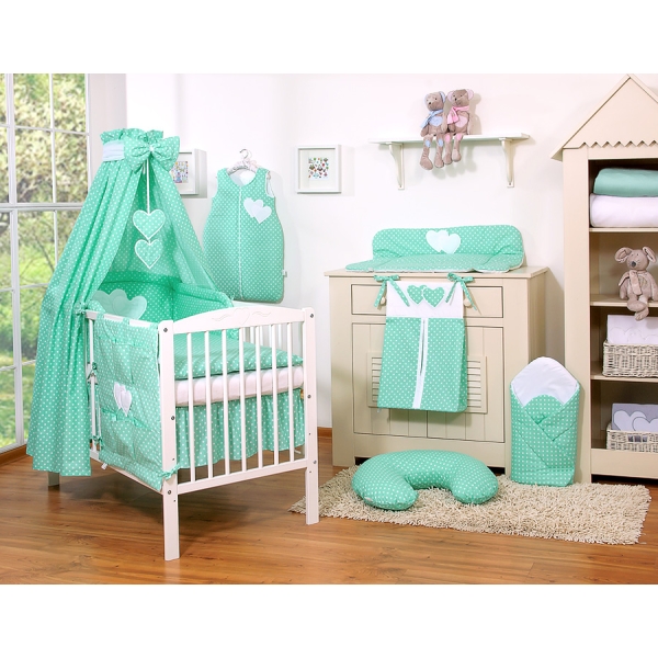 Set Biancheria Notte Para Neonato 11 parti Menta Pois Bianchi Cuori