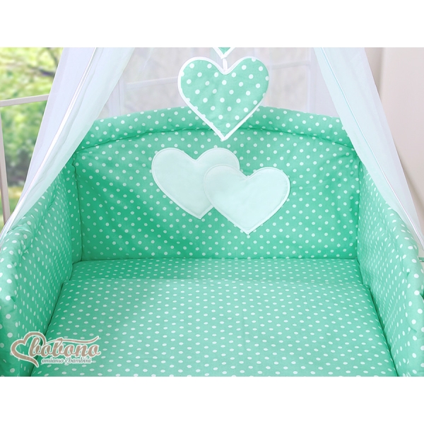Set Biancheria Notte Para Neonato 11 parti Menta Pois Bianchi Cuori