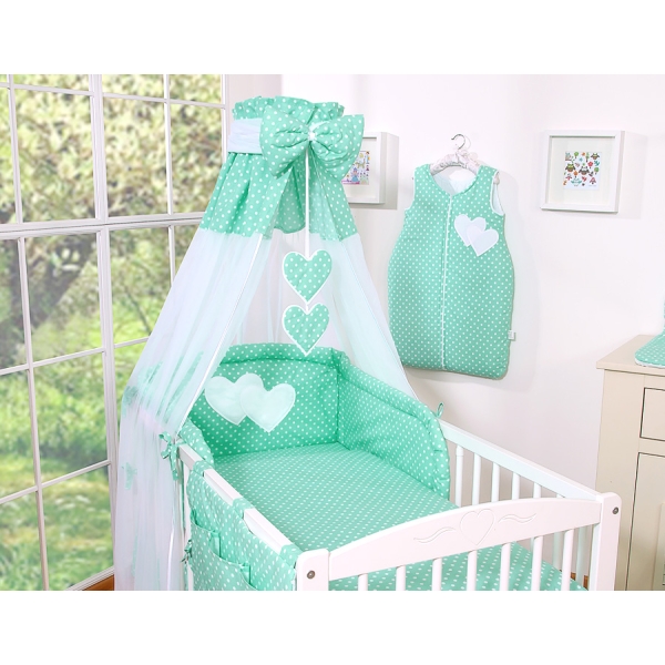 Set Biancheria Notte Para Neonato 11 parti Menta Pois Bianchi Cuori
