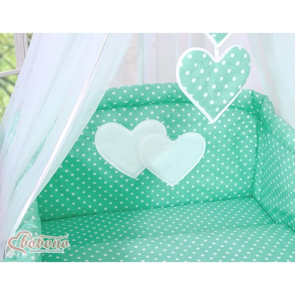 Set Biancheria Notte Para Neonato 11 parti Menta Pois Bianchi Cuori