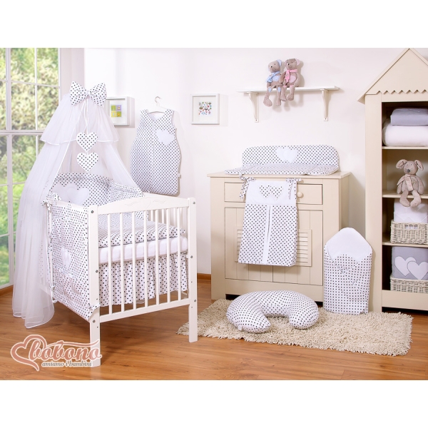 Set Biancheria Notte Para Neonato 11 parti Nero Pois Bianchi Cuori