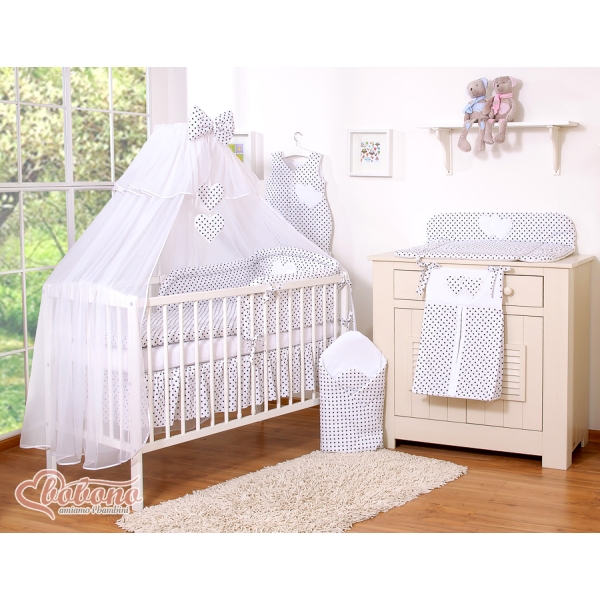 Set Biancheria Notte Para Neonato 11 parti Nero Pois Bianchi Cuori