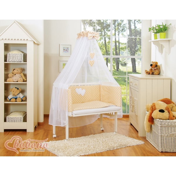 Set Biancheria per Culla da Agganciare al Letto 6 parti Beige Pois Bianchi Cuori