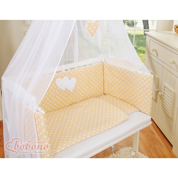 Set Biancheria per Culla da Agganciare al Letto 6 parti Beige Pois Bianchi Cuori