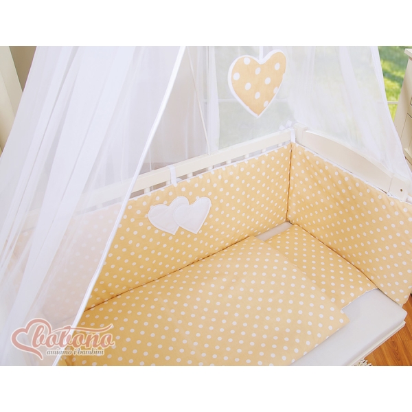 Set Biancheria per Culla da Agganciare al Letto 6 parti Beige Pois Bianchi Cuori