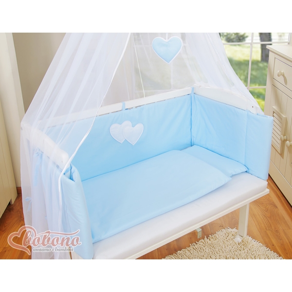 Set Biancheria per Culla da Agganciare al Letto 6 parti Blu Cuori