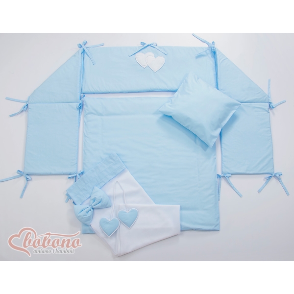 Set Biancheria per Culla da Agganciare al Letto 6 parti Blu Cuori