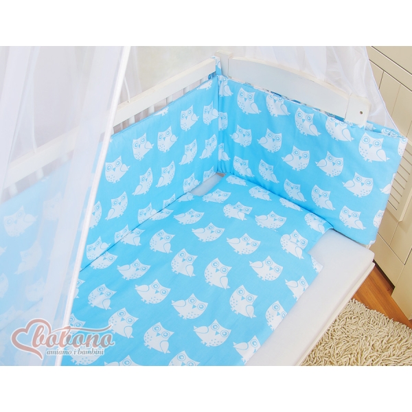 Set Biancheria per Culla da Agganciare al Letto 6 parti Blu Gufi