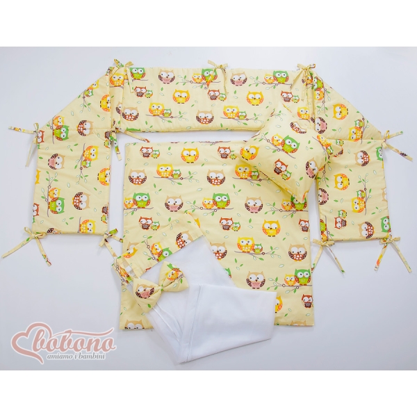 Set Biancheria per Culla da Agganciare al Letto 6 parti Creme Gufi