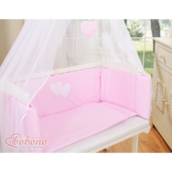 Set Biancheria per Culla da Agganciare al Letto 6 parti Rosa Pois Bianchi Cuori