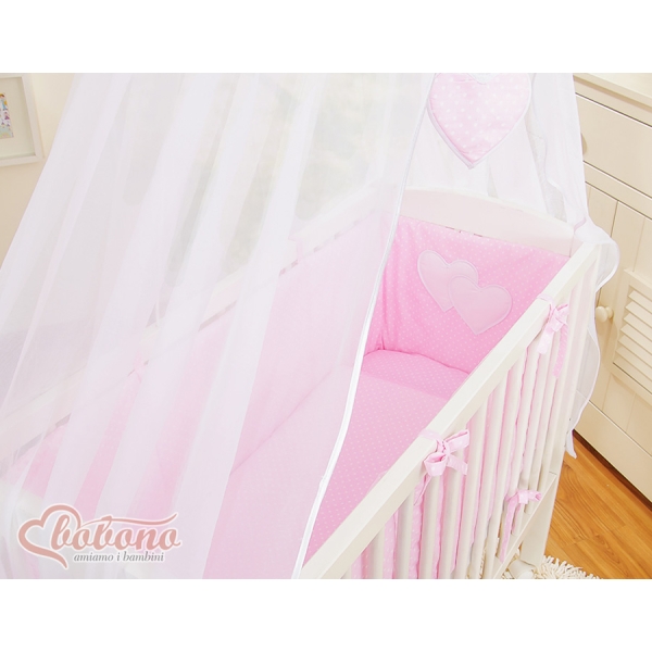 Set Biancheria per Culla da Agganciare al Letto 6 parti Rosa Pois Bianchi Cuori