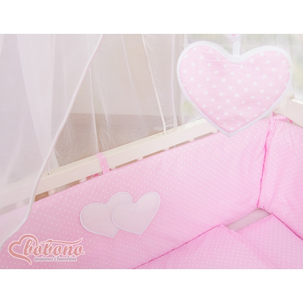 Set Biancheria per Culla da Agganciare al Letto 6 parti Rosa Pois Bianchi Cuori