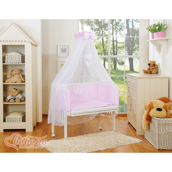 Set Biancheria per Culla da Agganciare al Letto 6 parti Rosa Pois Bianchi Cuori