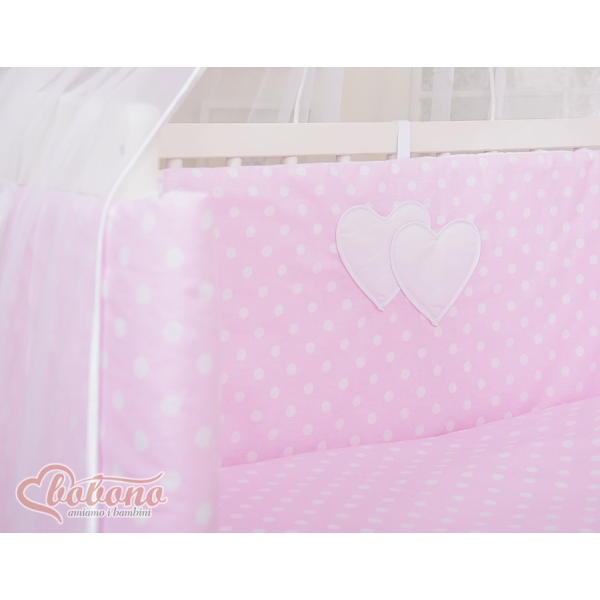 Set Biancheria per Culla da Agganciare al Letto 6 parti Rosa Pois Bianchi Cuori