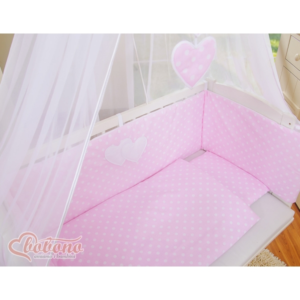 Set Biancheria per Culla da Agganciare al Letto 6 parti Rosa Pois Bianchi Cuori