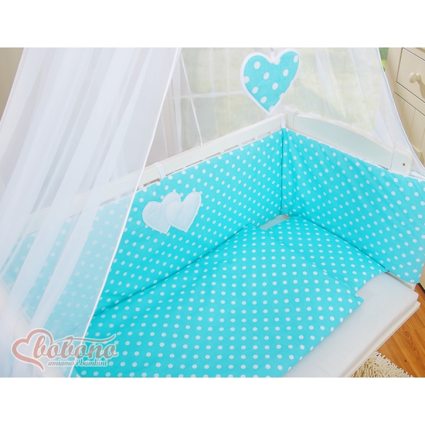 Set Biancheria per Culla da Agganciare al Letto 6 parti Turchese Pois Bianchi Cuori