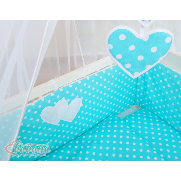 Set Biancheria per Culla da Agganciare al Letto 6 parti Turchese Pois Bianchi Cuori
