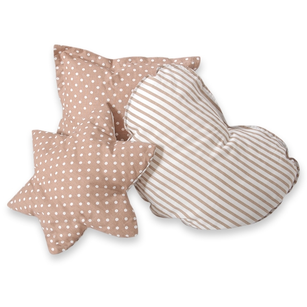 Set di 3 Cuscini a Forma di Stella, Quadrato e Cuore Marrone Beige Pois Bianchi a Strisce