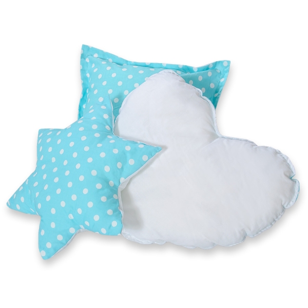 Set di 3 Cuscini a Forma di Stella, Quadrato e Cuore Turchese Pois Bianchi
