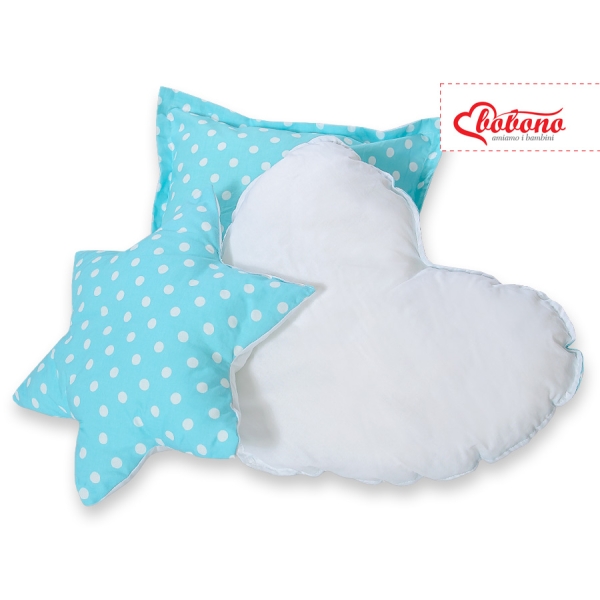 Set di 3 Cuscini a Forma di Stella, Quadrato e Cuore Turchese Pois Bianchi