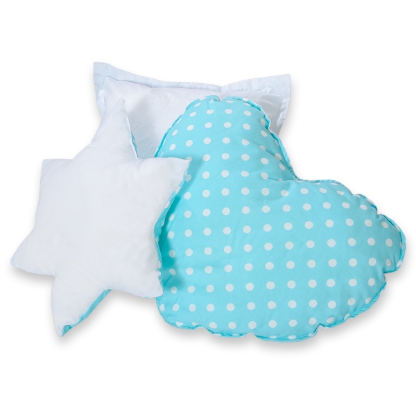 Set di 3 Cuscini a Forma di Stella, Quadrato e Cuore Turchese Pois Bianchi