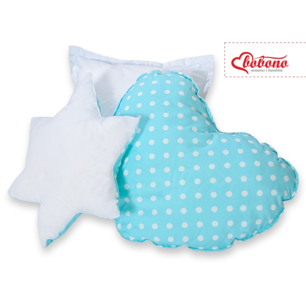 Set di 3 Cuscini a Forma di Stella, Quadrato e Cuore Turchese Pois Bianchi