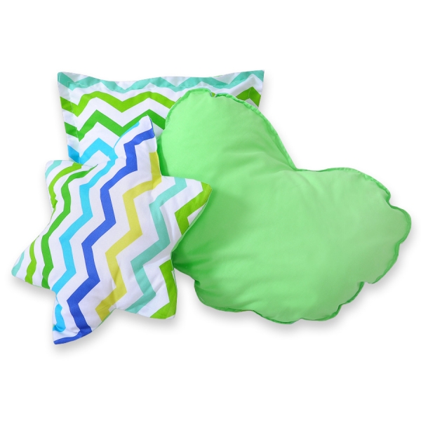 Set di 3 Cuscini a Forma di Stella, Quadrato e Cuore Verde Blu Chevron