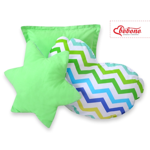 Set di 3 Cuscini a Forma di Stella, Quadrato e Cuore Verde Blu Chevron