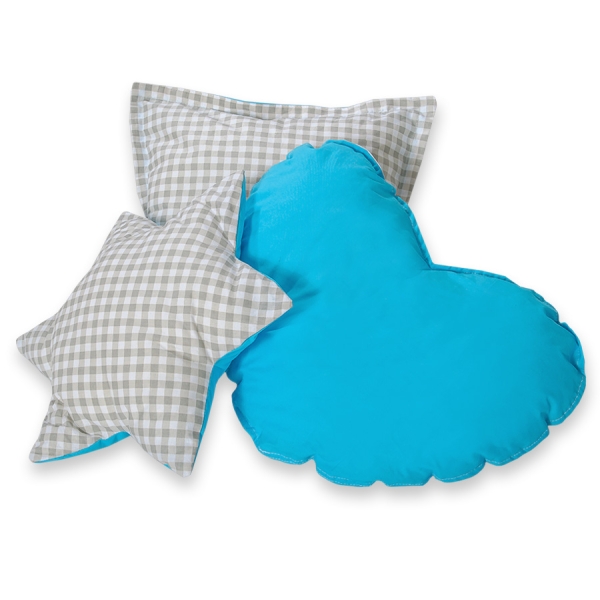 Set di 3 Cuscini Decorativi a Forma di Stella Quadrato e Cuore Grigio Turchese a Scacchi