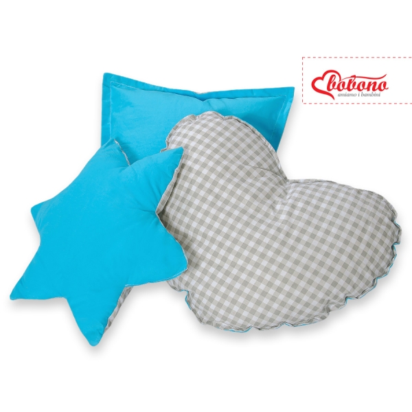 Set di 3 Cuscini Decorativi a Forma di Stella Quadrato e Cuore Grigio Turchese a Scacchi