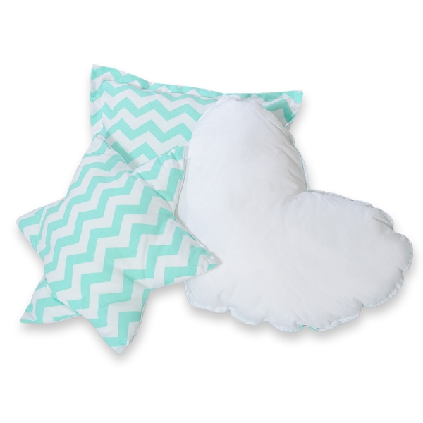 Set di 3 Cuscini Decorativi a Forma di Stella Quadrato e Cuore Menta Chevron