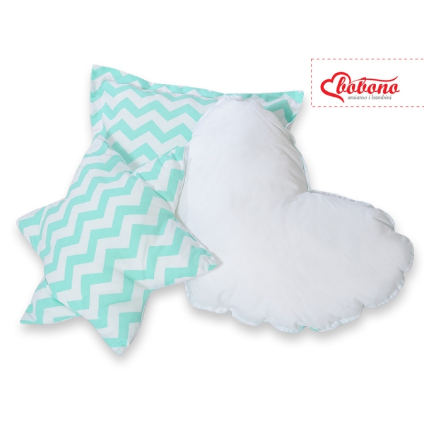 Set di 3 Cuscini Decorativi a Forma di Stella Quadrato e Cuore Menta Chevron