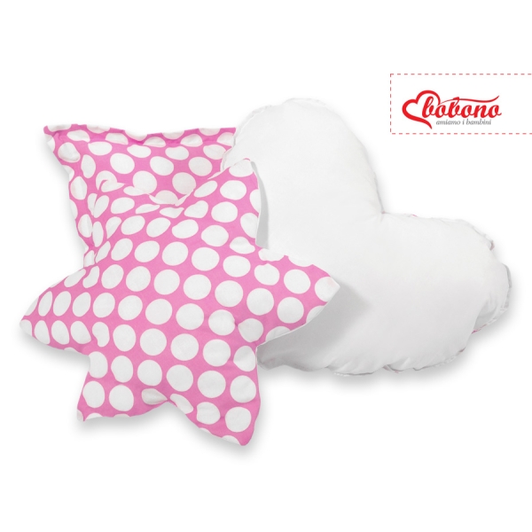 Set di 3 Cuscini Decorativi a Forma di Stella Quadrato e Cuore Rosa Pois Bianchi