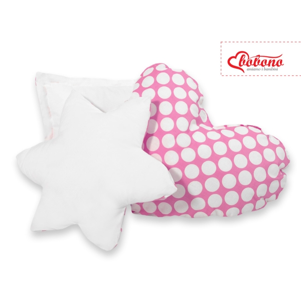 Set di 3 Cuscini Decorativi a Forma di Stella Quadrato e Cuore Rosa Pois Bianchi