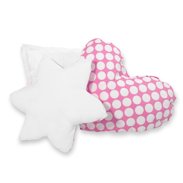 Set di 3 Cuscini Decorativi a Forma di Stella Quadrato e Cuore Rosa Pois Bianchi
