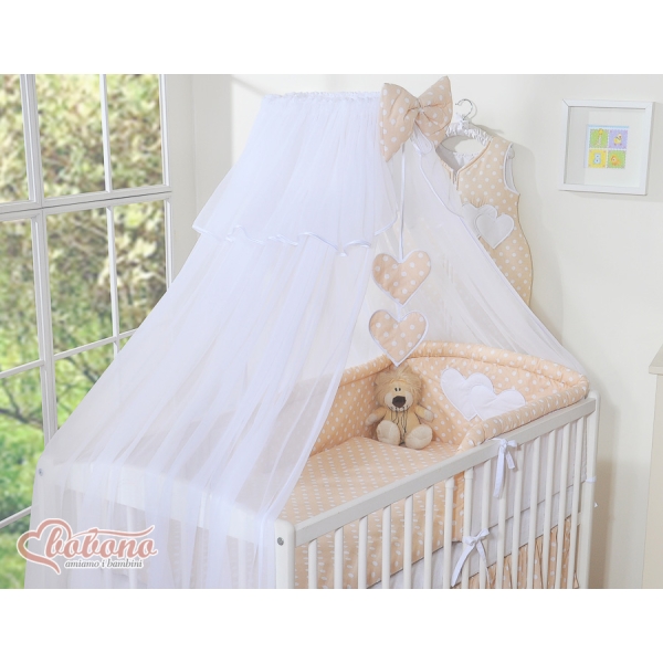 Set di Biancheria da Culla con Zanzariera 5 parti Beige Pois Bianchi Cuori