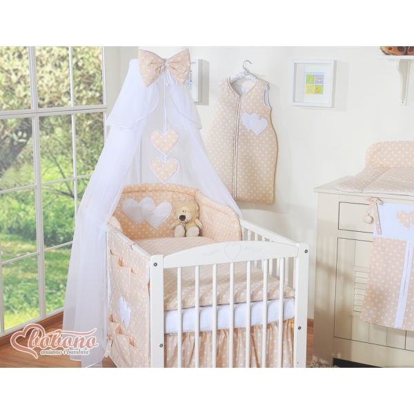 Set di Biancheria da Culla con Zanzariera 5 parti Beige Pois Bianchi Cuori