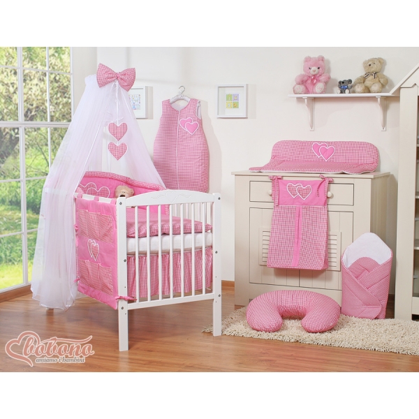Set di Biancheria da Culla con Zanzariera 5 parti Rosa a Scacchi Cuori