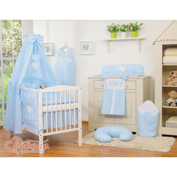 Set Lenzuolo Culla con Baldacchino 7 parti Blu a Strisce Cuori