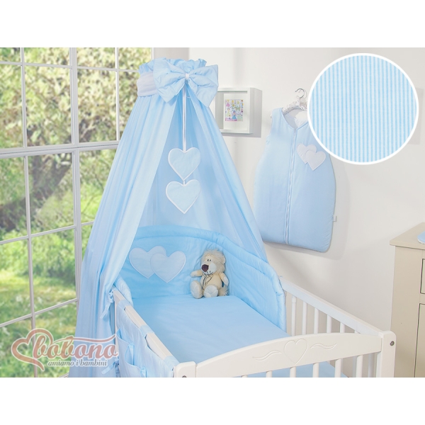 Set Lenzuolo Culla con Baldacchino 7 parti Blu a Strisce Cuori